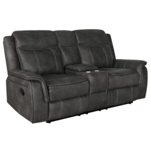 making a soft and cozy seating area for all to admire. This motion loveseat is equipped with a manual reclining mechanism for ultimate relaxation. The accompanying center console comes with a lift-top design and storage within. In front of the center console is two stainless steel cupholders to keep drinks on hand.