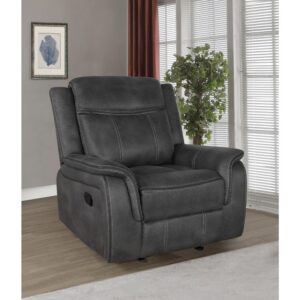 Include this transitional style glider recliner in any living space. Relax on the wide seat