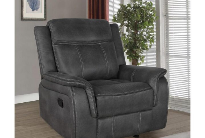 Include this transitional style glider recliner in any living space. Relax on the wide seat