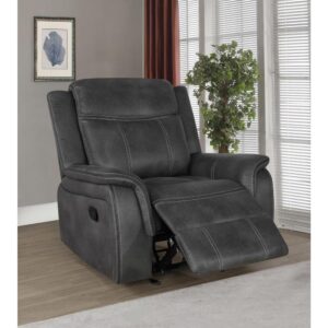 made for comfort with padded cushioning. This glider recliner is upholstered in microfiber