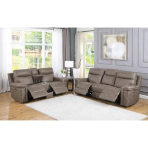 loveseat and optional recliner set. Detailed stitching and individually applied antique brass nailhead trim make a stunning statement for this set. Luxurious gradecoated microfiber in brown makes it easy to blend with your existing decor. The power reclining sofa comes equipped with a center console to conceal remotes. Find two stainless steel cup holders to keep beverages for yourself and a friend.