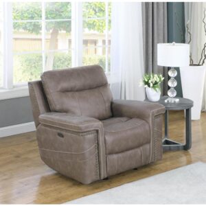 Fall in love with relaxation in this power^2 glider recliner from the Wixom collection. The power recliner features dual adjustment of recline position and headrest for custom comfort. The addition of gliding motion lends soothing motion to appealing recline. Quality performance micro denier fabric is available in your choice of colors to suit your individual taste. Perfect for a relaxed living room or a dedicated home theater space.