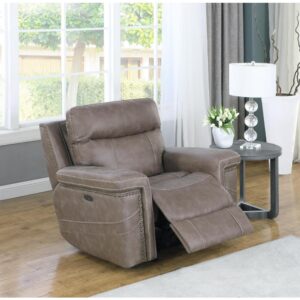 Fall in love with relaxation in this power^2 glider recliner from the Wixom collection. The power recliner features dual adjustment of recline position and headrest for custom comfort. The addition of gliding motion lends soothing motion to appealing recline. Quality performance micro denier fabric is available in your choice of colors to suit your individual taste. Perfect for a relaxed living room or a dedicated home theater space.
