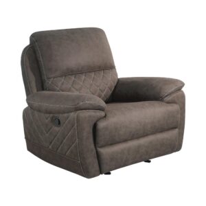 this glider recliner offers a custom look fit for a tasteful living space. Wrapped in soft performance faux suede cover and dressed up with decorative stitching