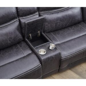 this extra-large motion sectional features a charcoal grey performance faux suede.A center console offers a soft-closing lid and ample storage space