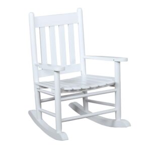 this sweet little rocking chair is perfect for a child's bedroom or covered patio. A slatted style backrest and seat offer a clean and simple