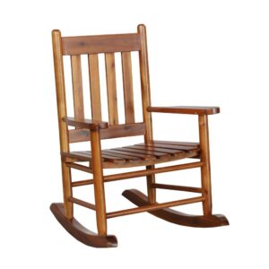 this sweet little rocking chair is perfect for a child's bedroom or covered patio. A slatted style backrest and seat offer a clean and simple
