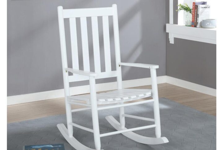 Place this timeless rocking chair in a reading nook or on a covered porch to relax after a long day. A slatted style backrest and seat offer a minimal Mission style design that works with numerous decor. Perfect for a traditional style home