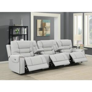 wonderfully chic dual power home theater sofa will make a memorable upgrade for your space. The light grey top grain leather upholstery brings an airy appeal that will enhance the style of any home theater. Each of the three seats recliner