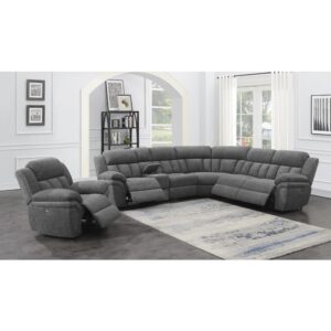 six-piece modular sectional is wrapped in a charcoal performance chenille that is super soft to the touch. The perfect addition to your home entertainment room or a spacious living area
