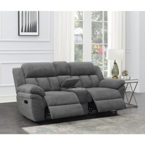 prioritizing comfort with this transitional reclining loveseat. Charcoal upholstery is smooth and soft