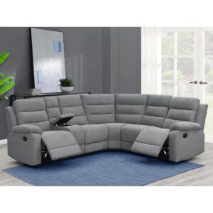 this modern three-piece motion sofa sectional creates a comfy venue for hosting large groups or intimate gatherings. Relax on a sofa offering manual reclining features and a wall-hugger design that saves space. Attractive horizontal channeling of soft smoke finish upholstery brings a dimensional look to this sofa