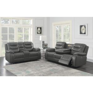 A performance leatherette with a diamond stitched pattern wraps around each piece of this power sofa set