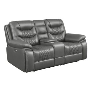 this casual power motion loveseat is wrapped in an upholstered in smooth and breathable performance leatherette. Beneath the smooth upholstery is a cool gel memory foam topper