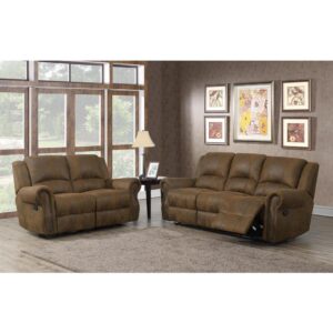 Casual comfort is upgraded with the sleek lines from this two-piece motion set. In a deep buckskin hue