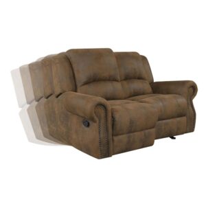 soothing comfort and maximum durability. This magnificent glider loveseat is covered in brown microfiber for a soft