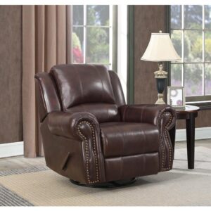 Add extra comfort to a living room with this swivel rocker recliner. In a rich and dark burgundy brown hue