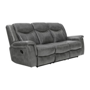 Grey is the trendy color these days and it doesn't look any better than on this opulent motion sofa. It features angled seat backs with extra padded headrests for ultimate luxury. Armrests and even the leg rest on the recliner are padded for extra comfort. Wrapped in the coolest of cool grey leather-like upholstery for a look that's uber-fashionable. This sofa will definitely steal the show in any living room or home rec room.