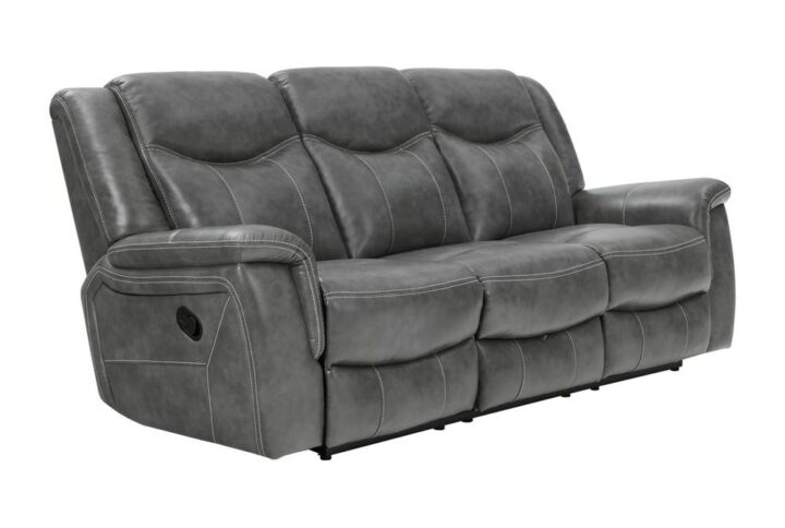 Grey is the trendy color these days and it doesn't look any better than on this opulent motion sofa. It features angled seat backs with extra padded headrests for ultimate luxury. Armrests and even the leg rest on the recliner are padded for extra comfort. Wrapped in the coolest of cool grey leather-like upholstery for a look that's uber-fashionable. This sofa will definitely steal the show in any living room or home rec room.