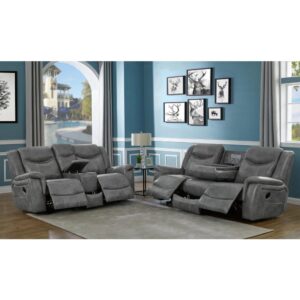 this two-piece living room set is sleek and stylish. Welcoming cushions on the motion sofa and loveseat are decorated with bright stitching. Contemporary details