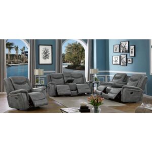 this three-piece living room set completes a modern motif. The cool grey finish gives the chic set a contemporary aura. Comfortable head and arm rests are rounded and refined