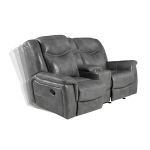 Grey is no longer drab and dreary and this decadent motion loveseat is proof. The angled seat backs feature extra padded headrests for optimal comfort. Padded armrests and recliner leg rest offer extra indulgence. Center console includes amenities like two cup holders and storage space. This loveseat comes wrapped in cool grey leather-like upholstery for a modern appeal.