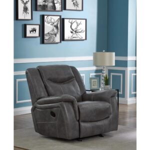 Grey is in and it looks no cooler than on this motion glider recliner. This indulgent recliner features a sumptuously padded headrest to lay your head in comfort. Both armrests and seat cushion are overstuffed for long-lasting comfort. Simple and ergonomic lever on the side provides quick and easy reclining. Luxuriously upholstered in cool grey leather-like material
