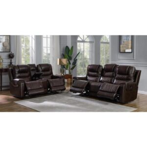loveseat and optional recliner set. This is a power reclining set that’s upholstered in buttery soft top grain leather. Diamond tufting adds an ornate appearance along with hand-applied nailhead trim along the frame. The power loveseat features a center console for concealed storage. Use the stainless steel cup holders to keep beverages at hand on movie night.