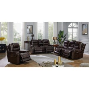 loveseat and optional recliner set. This is a power reclining set that’s upholstered in buttery soft top grain leather. Diamond tufting adds an ornate appearance along with hand-applied nailhead trim along the frame. The power loveseat features a center console for concealed storage. Use the stainless steel cup holders to keep beverages at hand on movie night.