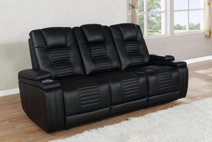 Every entertainment space needs the addition of this black power sofa. With performance-grade leatherette