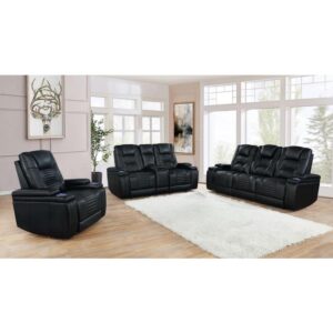 Amplify your entertainment space with a black power reclining living room set. Performance-grade leatherette upholstery and foam cushioning creates impeccable comfort. Find plenty of support from the back and neck support for the ultimate relaxation experience. Each armrest features storage underneath for remotes and small items while you can charge smart devices with a wireless charging pad or built-in USB port. Meanwhile