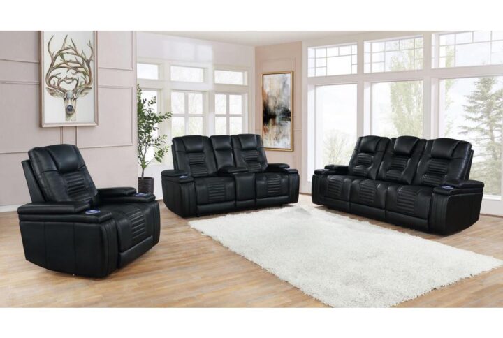 Amplify your entertainment space with a black power reclining living room set. Performance-grade leatherette upholstery and foam cushioning creates impeccable comfort. Find plenty of support from the back and neck support for the ultimate relaxation experience. Each armrest features storage underneath for remotes and small items while you can charge smart devices with a wireless charging pad or built-in USB port. Meanwhile