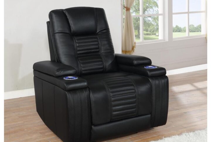 Make a difference in your at-home entertainment experience with this black power recliner. Sleek performance-grade leatherette makes a show-stopping upgrade to this piece. Cup holders are illuminated by built-in LED lights for extra contemporary style. Storage is found beneath the lift-top armrests to keep remotes and other small items. With full foam cushions for superior comfort