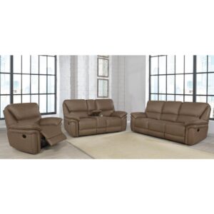 A motion living room set with console will keep your living space organized with remotes and other small items. Find a lift-top console on the sofa along with built-in drink holders for convenience. Each piece in this set is upholstered in a soft and sleek microfiber coming in neutral color options to blend with your decor. Manual reclining mechanisms invite you to kick back and watch your favorite flick by yourself or with friends. With high-density foam cushioning and padded armrests