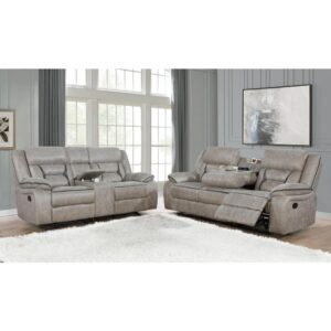 Bring friends and family to watch the newest movie with this motion living room set. Pocket coil seating makes for an incredible seating experience along with padded armrests. Guests can keep drinks on hand by using the built-in cupholders. Find a convenient storage space for reading materials inside a pocket behind the drop-down table. This living room set with consoles keeps your living area organized and stylish.