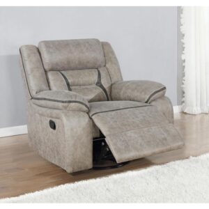 Take this terrific glider recliner and watch it become the favorite seat in your home. Leatherette upholstery adds to its softness and comfort. This glider's aesthetics are enhanced with contrasting stitching that offers more stylish appeal. Pocket coil cushioning and padded armrests make for an extra cozy seating space. Enjoy the smooth gliding motion of this leatherette recliner and feel inspired to rest and relax.