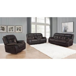Bring friends and family to watch the newest movie with this motion living room set. Pocket coil seating makes for an incredible seating experience along with padded armrests. Guests can keep drinks on hand by using the built-in cupholders. Find a convenient storage space for reading materials inside a pocket behind the drop-down table. This living room set with consoles keeps your living area organized and stylish.