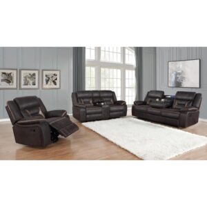 Bring friends and family to watch the newest movie with this motion living room set. Pocket coil seating makes for an incredible seating experience along with padded armrests. Guests can keep drinks on hand by using the built-in cupholders. Find a convenient storage space for reading materials inside a pocket behind the drop-down table. This living room set with consoles keeps your living area organized and stylish.