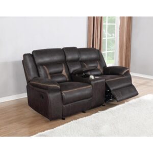 Every entertainment area deserves this glider loveseat with console. The neutral color palette makes it easy to blend with your decor. Its leatherette upholstery ensures a comfortable seating experience. A center console offers a small storage area for remotes with a lift-top container within. Find an easy place to store drinks with the built-in stainless steel cupholders.
