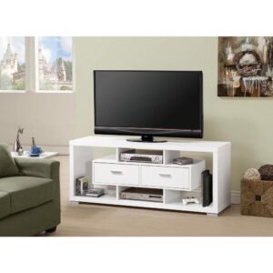 Create a stunning focal point in a bedroom or living room with this modern TV console. Straight lines and angles are sleekened by a clean white finish. Open shelves highlight and suspend two large storage drawers to create an interesting visual. Store remotes and electronics with ease using the matching hardware. Stunning with a vase featuring a fresh flower