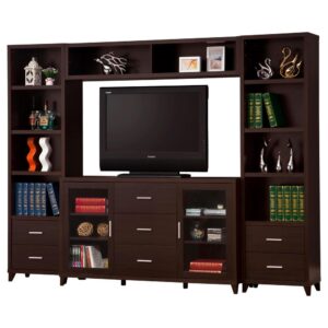 Overhaul your living space with this cappuccino entertainment wall. This wall is constructed with four pieces