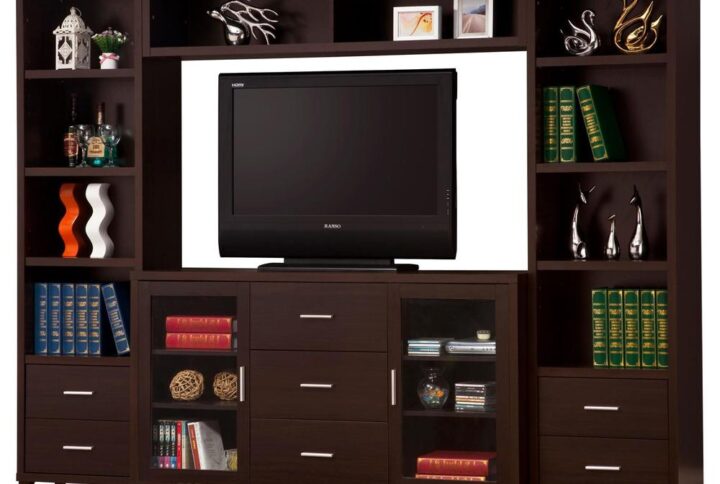Overhaul your living space with this cappuccino entertainment wall. This wall is constructed with four pieces