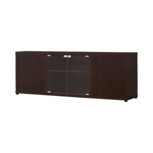 this TV console is perfect for casual home entertainment. It provides ample storage space to keep all your essentials in one place. Its simple silhouette is accentuated by a deep cappuccino finish and eye-catching silver embellishments. Push-to-open glass doors add a pleasing touch of convenience. Crafted from materials of the highest quality
