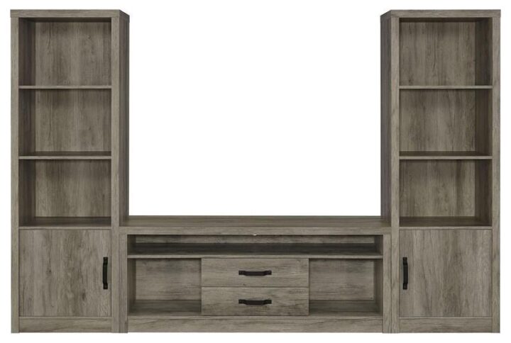 Design the entertainment mecca you've always imagined with this three-piece media center. Including a central TV stand and two media towers