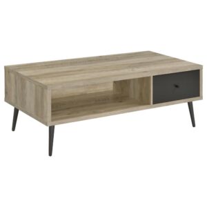 adding a tasteful and practical piece. This wood coffee table fits beautifully in an easy-living family room or living room