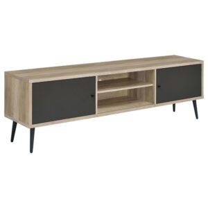 Organize an entertainment space with your stylish taste for Mid-Century Modern style. This TV stand is a sleek mix of old and new with a retro design and neutral palette. Antique pine finish wood products form a rectangular base with two open center compartments and two shelves behind two doors featuring a sleek dark gray finish. Matching dark gray feet emulate retro vibes with a tapered