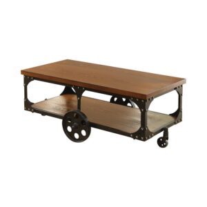 country appeal. This coffee table is crafted with two large panels of rustic brown wood