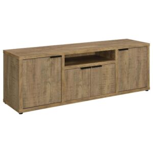 Center your entertainment set-up in this charming farmhouse TV stand. Featuring melamine paper in a mango finish