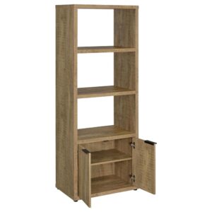 a charming media tower bookcase adds both open display space and hidden storage in your inviting living room. Featuring a melamine paper finish that resembles mango wood