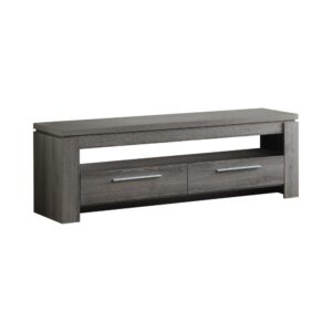this TV console blends effortlessly with a variety of decor styles. Its stately silhouette is enhanced by a soft